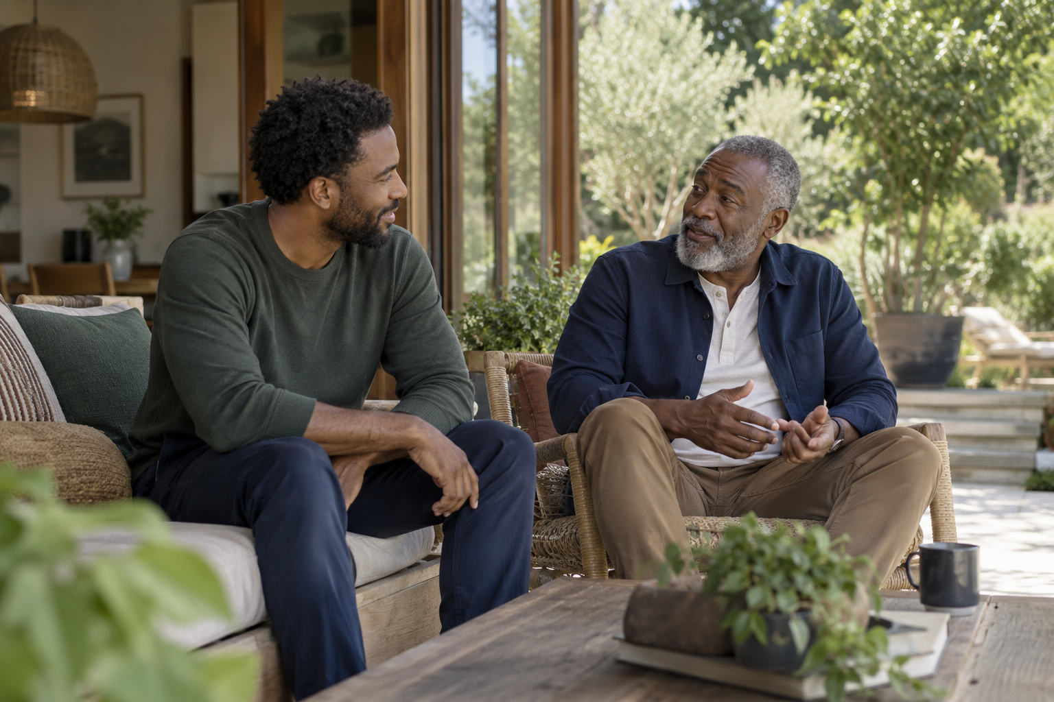 Two Black men from different generations having a supportive conversation at home